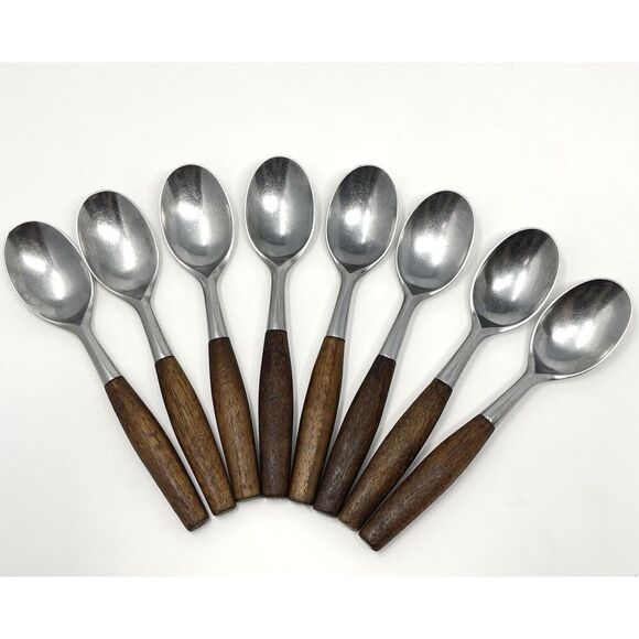 Dansk FJORD Teaspoons Teak Handle Stainless Steel Germany 6 3/8” Set Of 8 - Picture 1 of 10